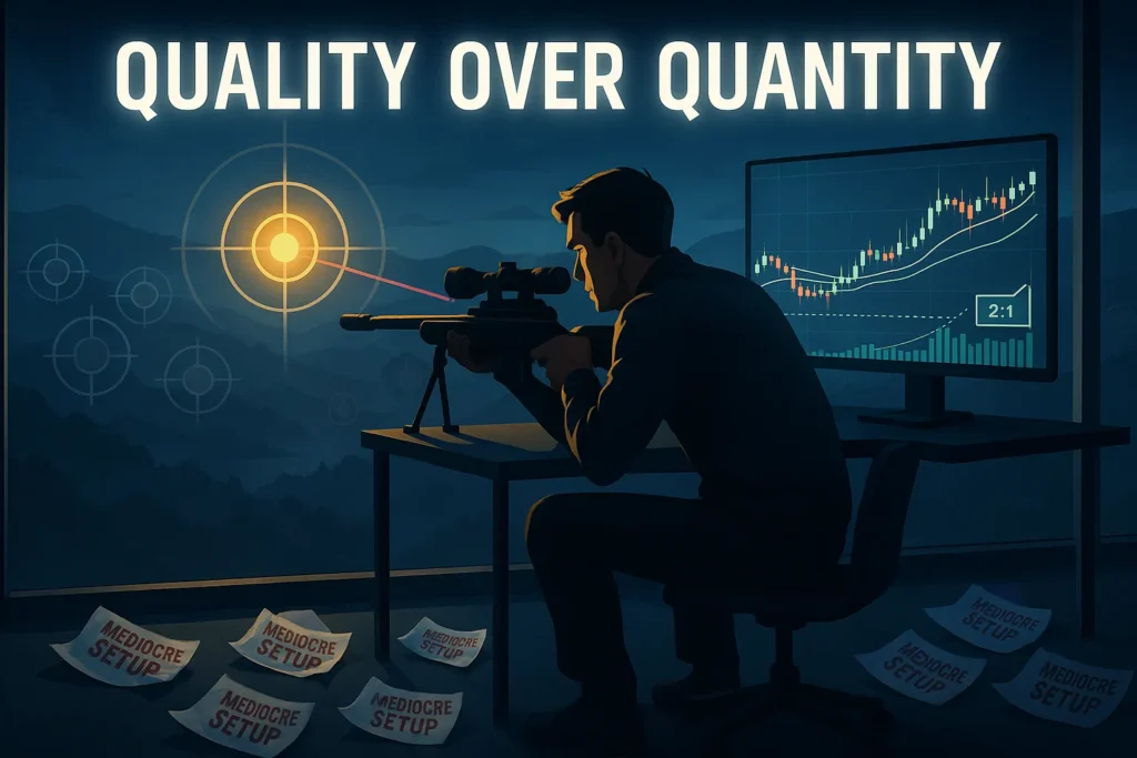Focused trader as patient sniper waiting for perfect high-probability trading setup, rejecting mediocre opportunities, quality over quantity metaphor