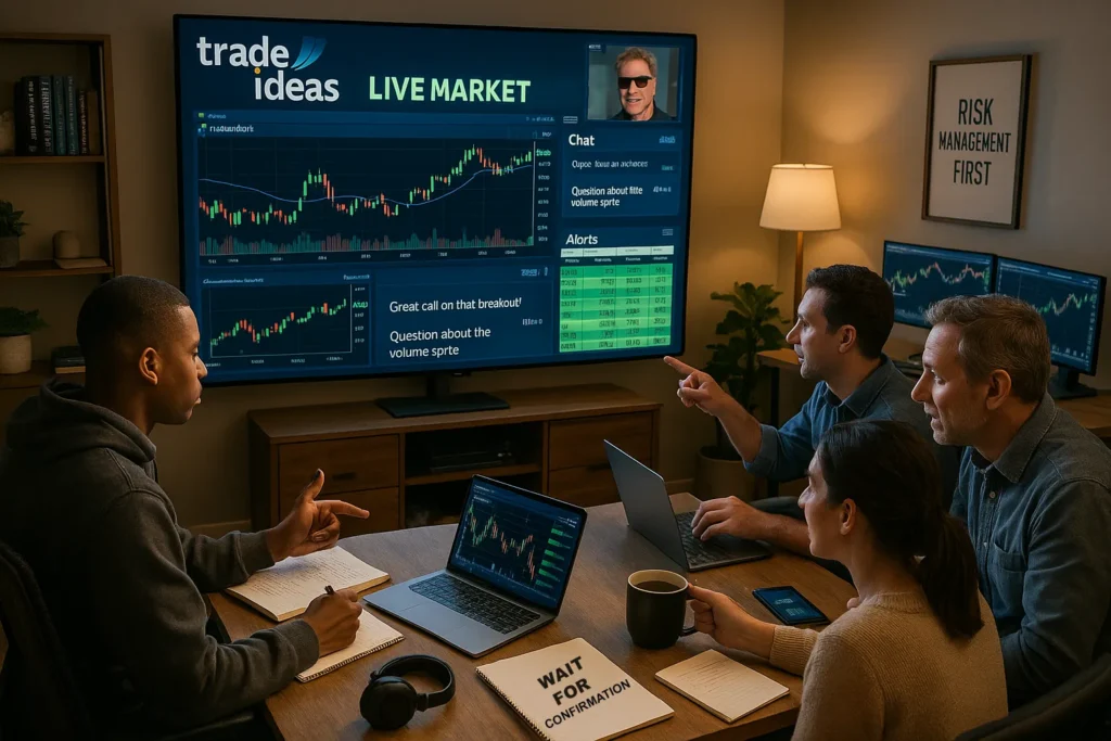 Traders actively learning from large screen displaying Trade Ideas live trading room with real-time charts, chat, and market analysis during market hours