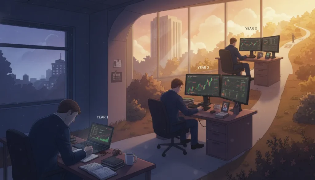 Multi-year journey of part-time trader developing skills while maintaining full-time job, showing sustainable long-term trading success path