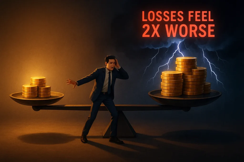 Visual metaphor showing trader on unbalanced scale with identical gains and losses, but losses appear twice as heavy, illustrating loss aversion psychology