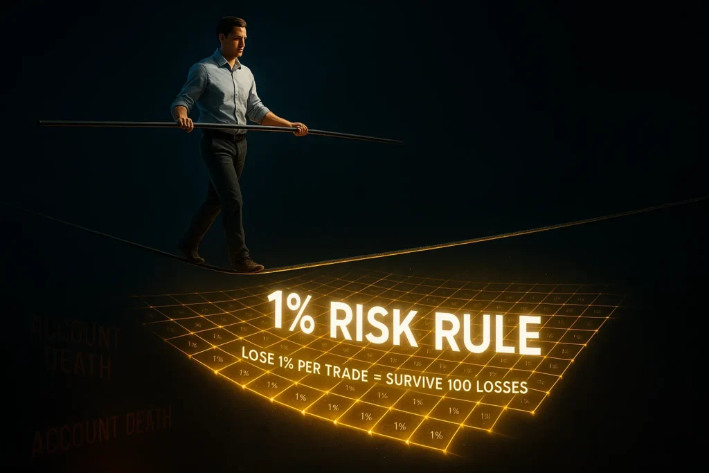 Tightrope walker with safety net below representing 1% risk rule protecting traders from catastrophic losses in day trading
