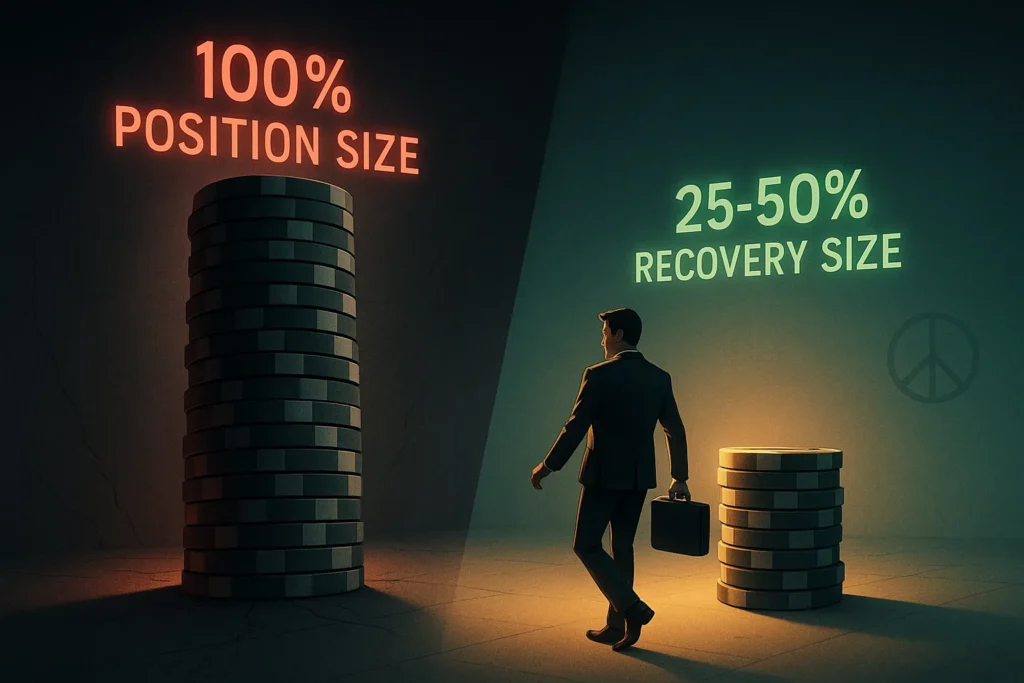 Trader choosing smaller manageable position sizes over large intimidating ones, visual metaphor for reducing risk during trading recovery period