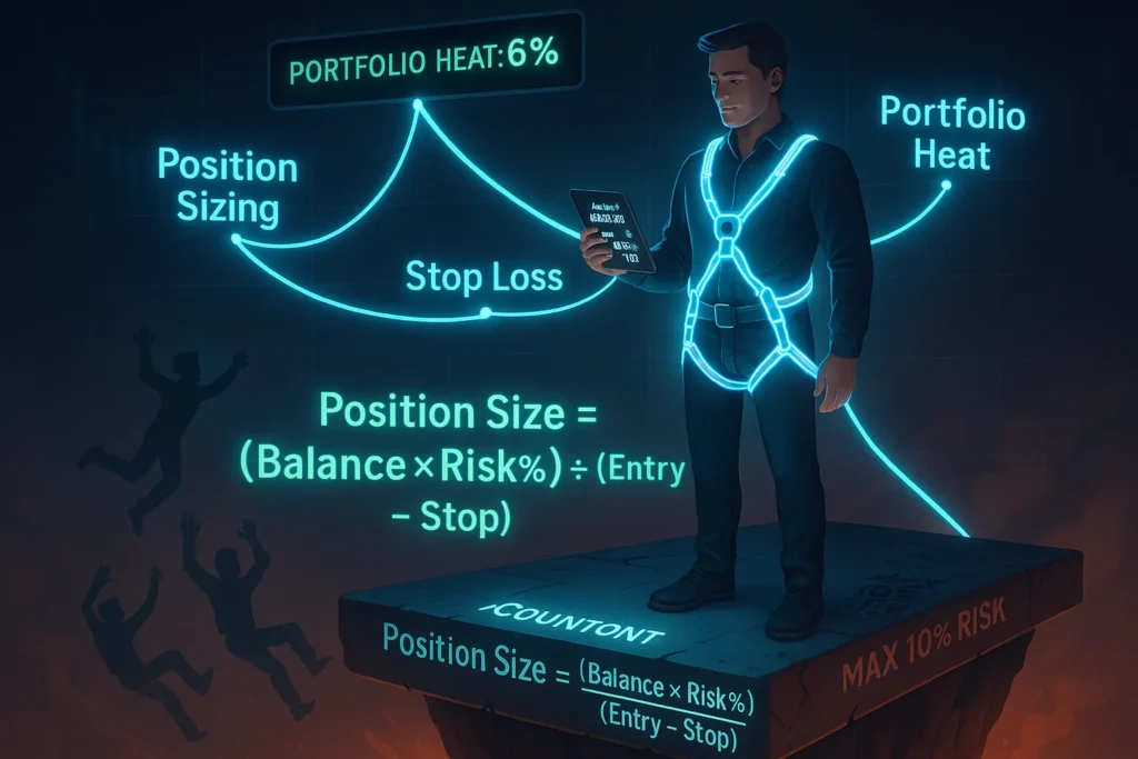 Trader secured by risk management safety harness showing position sizing calculator and stop loss anchors preventing trading account losses