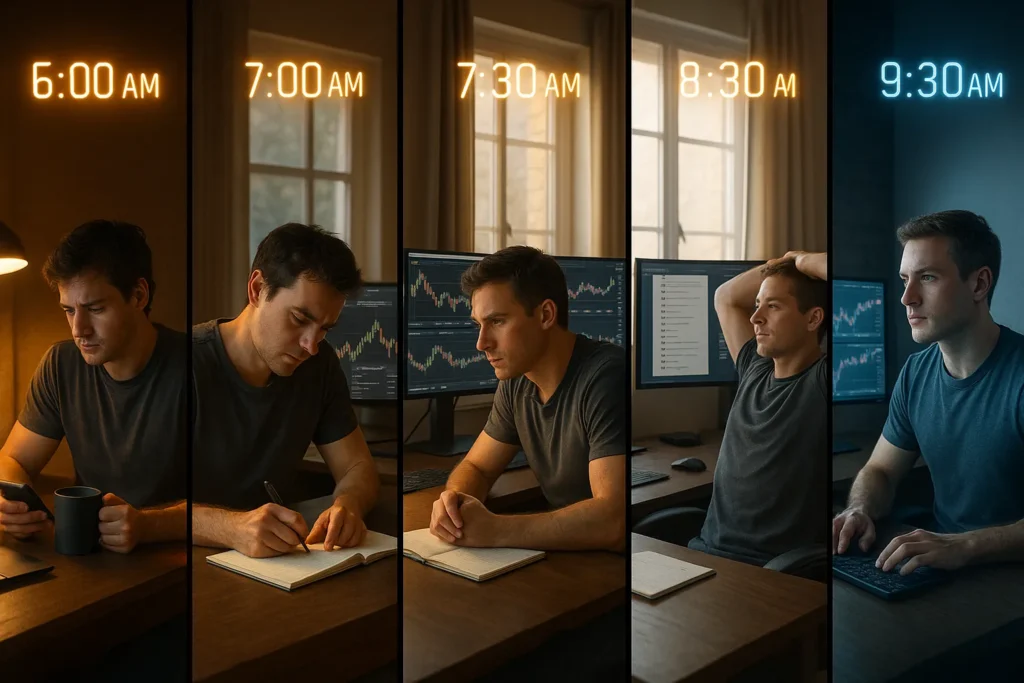 Timeline visualization of day trader pre-market routine from 6:00 AM to 9:30 AM showing progressive preparation stages