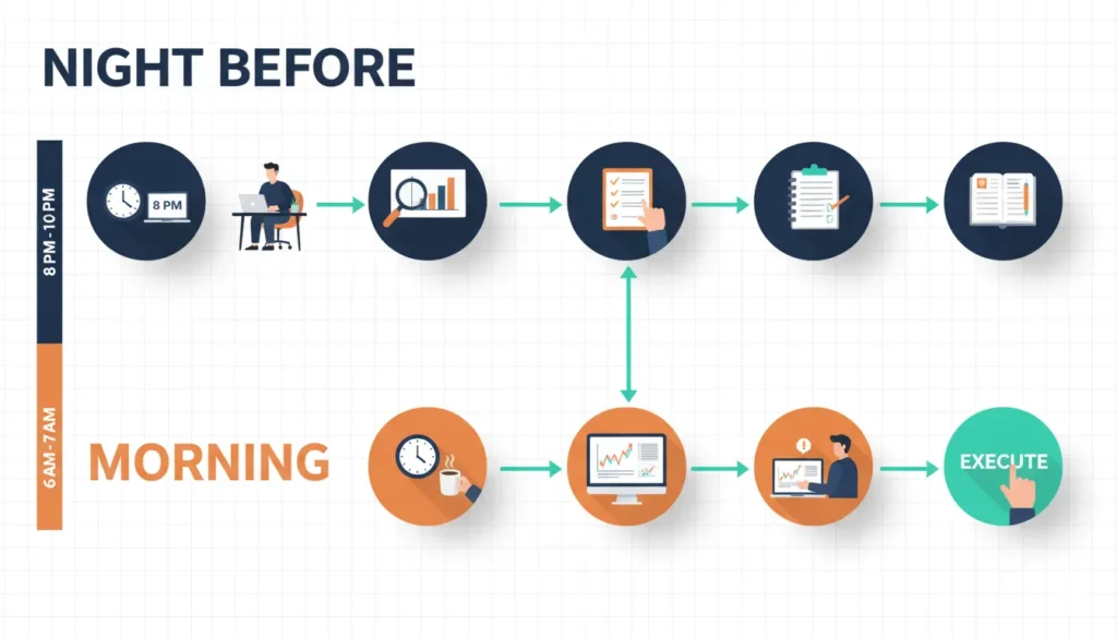 Visual workflow showing evening preparation and morning execution routine for part-time day traders with full-time jobs