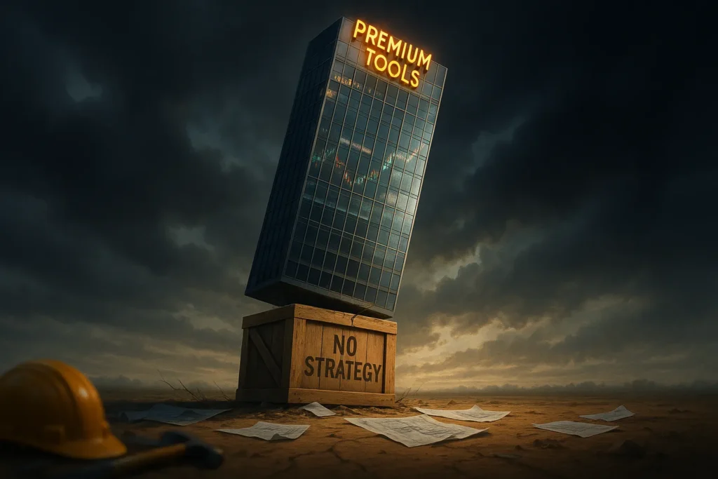 Modern skyscraper precariously balanced on single crate labeled 'no strategy', metaphor for using premium tools without foundation