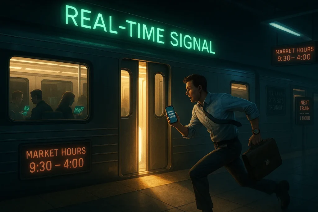 Trader running toward closing train doors labeled 'real-time signal', metaphor for missing trade opportunities by seconds without market availability