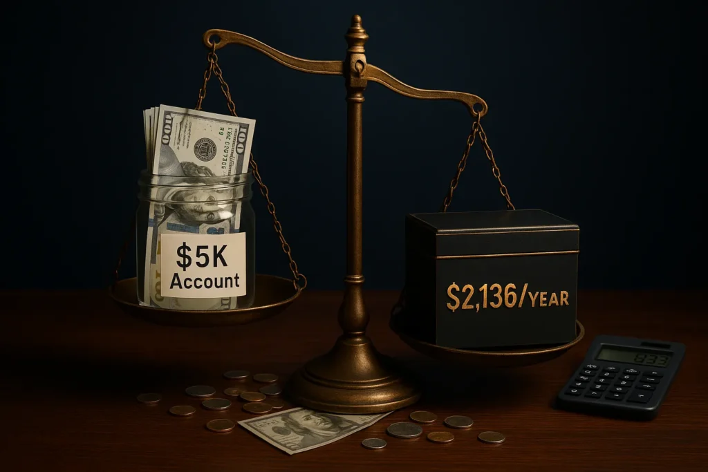 Balance scale showing $5,000 trading account dramatically outweighed by $2,136 Trade Ideas subscription cost, illustrating economic imbalance