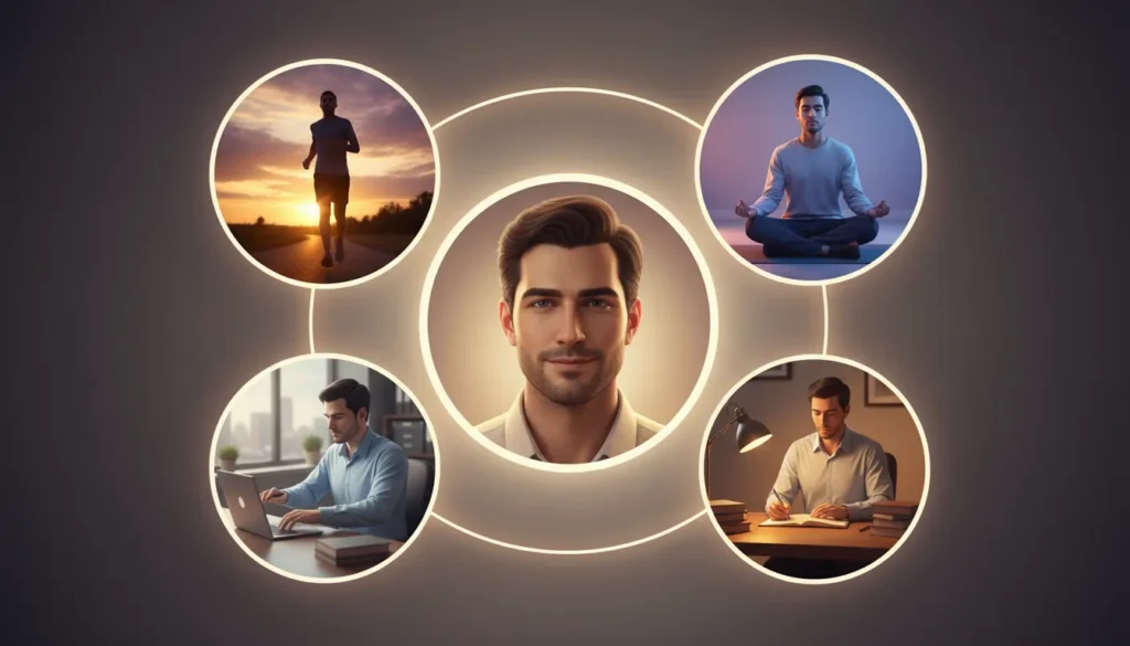 Four stress management techniques for part-time traders: exercise, meditation, journaling, and boundary-setting illustrated in connected vignettes