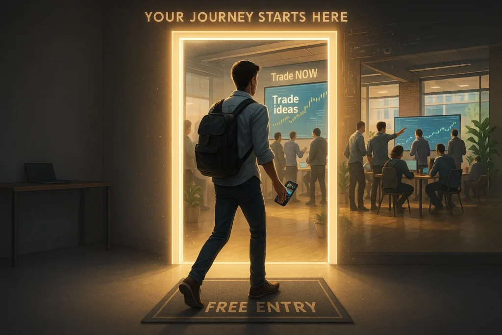 Inspiring image of trader taking first step through glowing doorway into vibrant Trade Ideas trading community representing beginning of learning journey