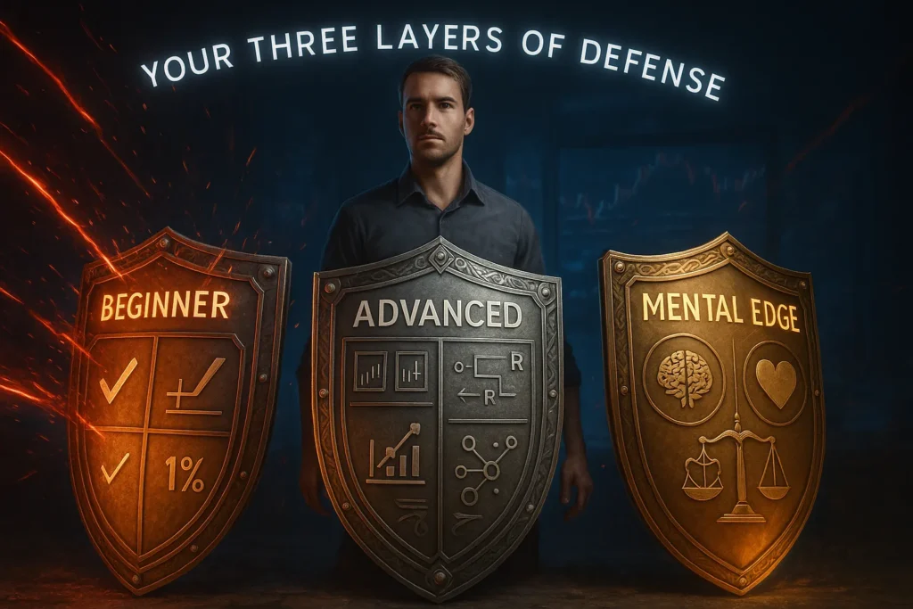 Three protective shields representing beginner, advanced, and mental trading checklists defending against market chaos and emotional trading