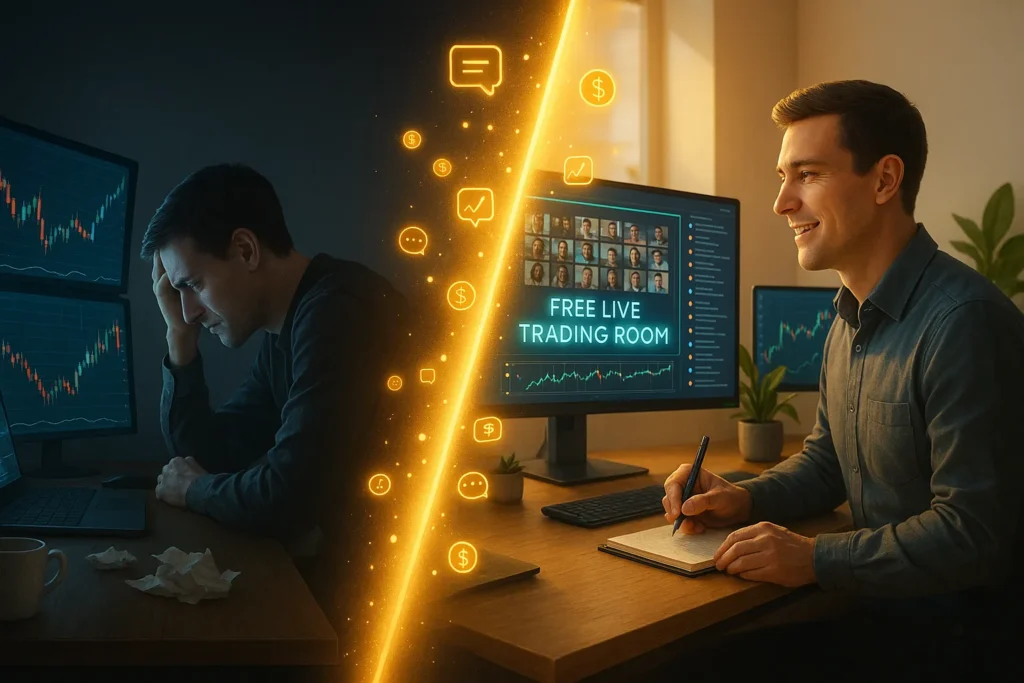 Trader transformation from isolated trading to connected community learning in Trade Ideas free live trading room with professional guidance and support