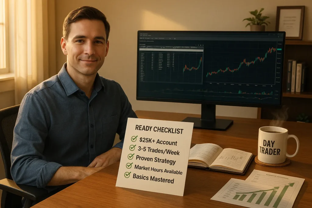 Confident prepared trader with completed readiness checklist, organized desk, proven trading journal, and $25K account statements showing proper preparation