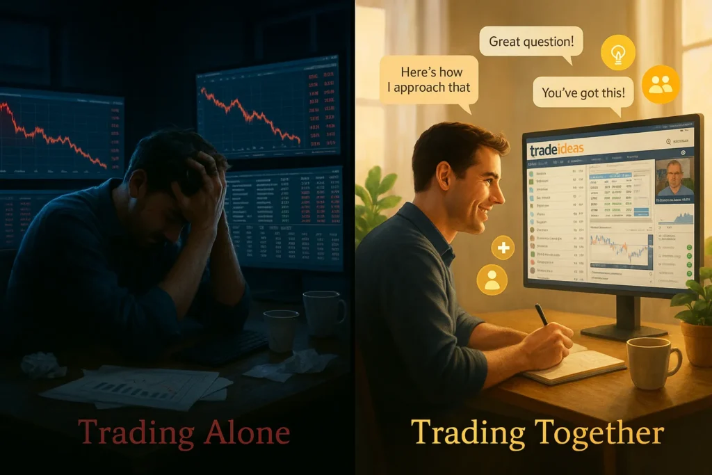 Side-by-side contrast showing stressed solo trader in dark isolation versus same trader thriving with Trade Ideas community support and guidance
