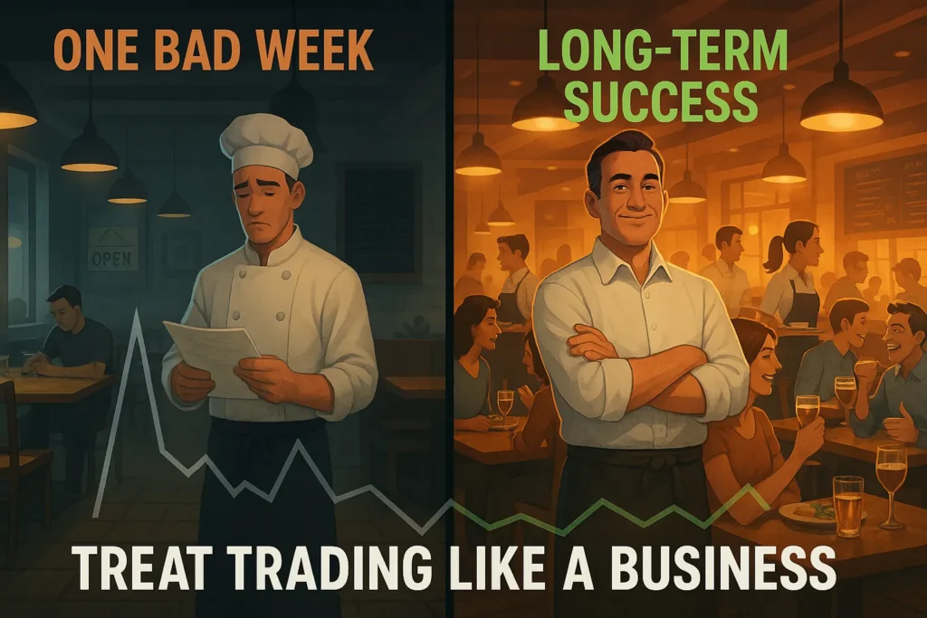 Split-screen comparison of restaurant during slow and busy weeks, illustrating that trading losses are normal business variance, not personal failure