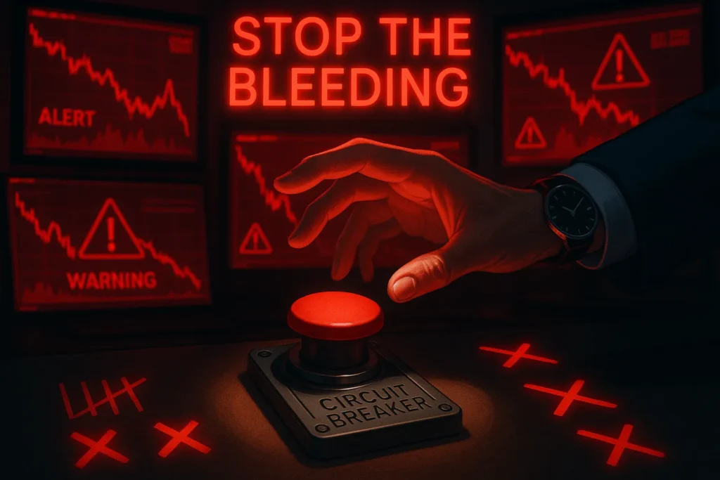 Trader's hand pressing red emergency circuit breaker button with chaotic trading screens behind, illustrating the critical stop-trading protocol