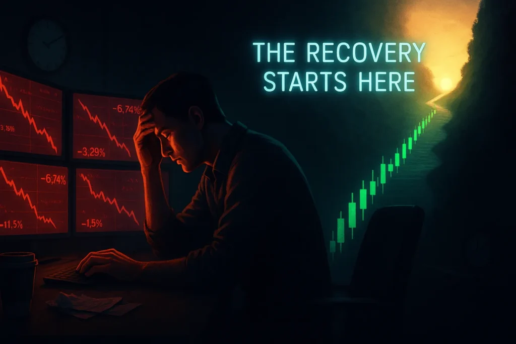 Trader at desk with red loss screens facing glowing recovery pathway, symbolizing the journey to rebuild trading confidence after losing streak