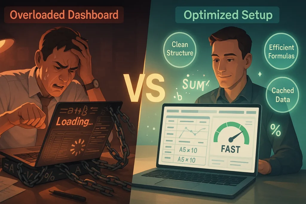 Split comparison showing slow overloaded trading dashboard versus optimized fast-loading setup with clean formulas and efficient Google Sheets structure
