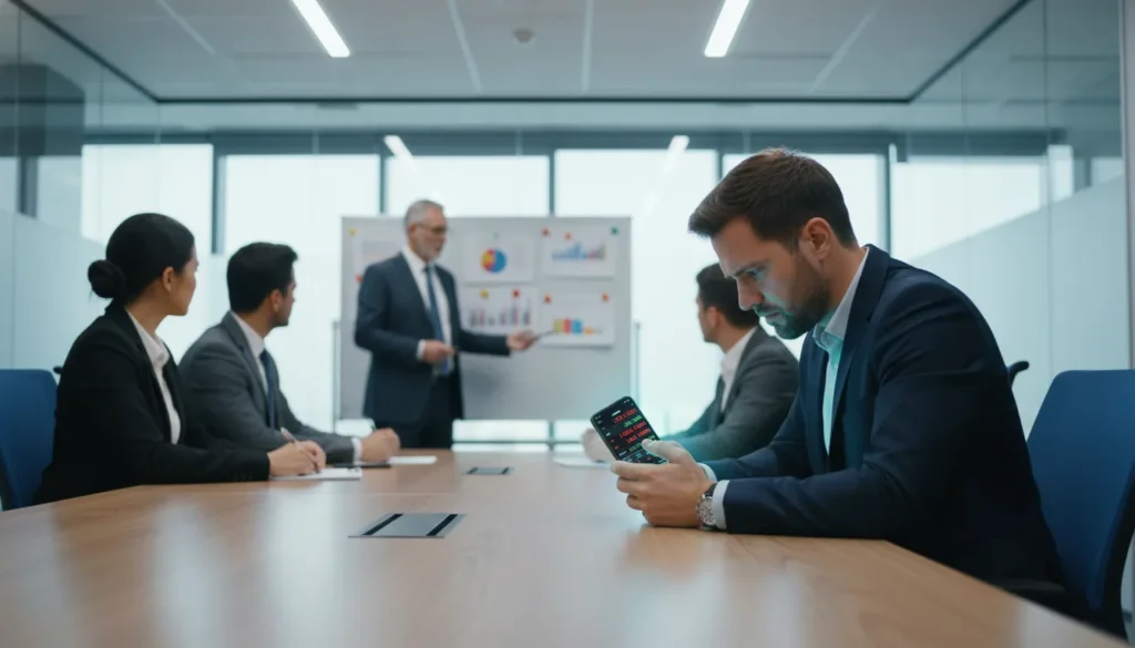 Stressed trader checking trading losses on smartphone during work meeting, illustrating the impossible attention split of part-time trading