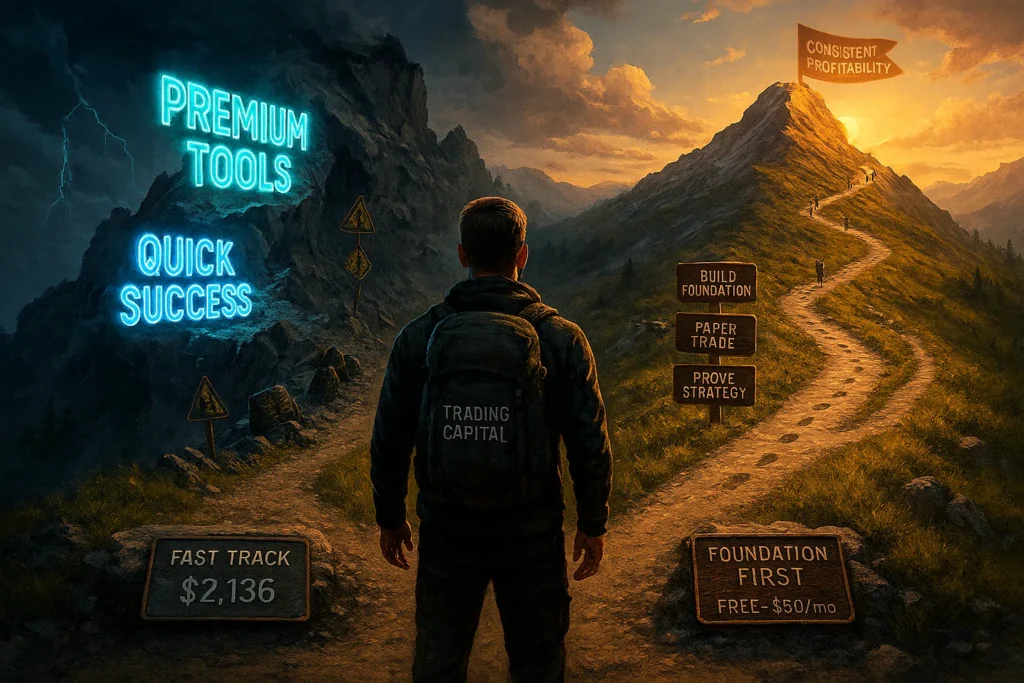 Two diverging mountain paths showing wrong shortcut to premium tools versus correct path of building trading foundation first, both leading to success summit