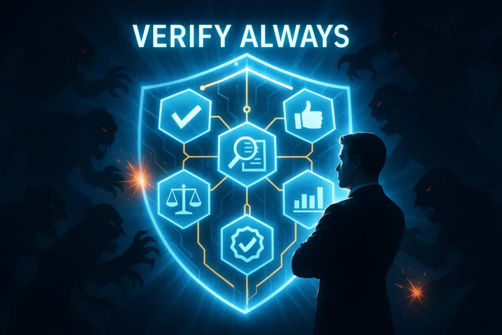 Protective verification shield defending trader from scams representing due diligence in evaluating trading mentors and education