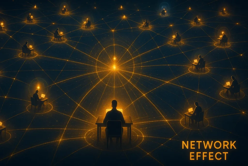 Aerial view of interconnected trader network showing golden connection threads and relationship strength in trading community