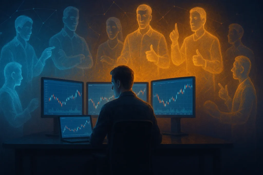 Trader surrounded by glowing mentor silhouettes representing trading network and community support system for successful day trading