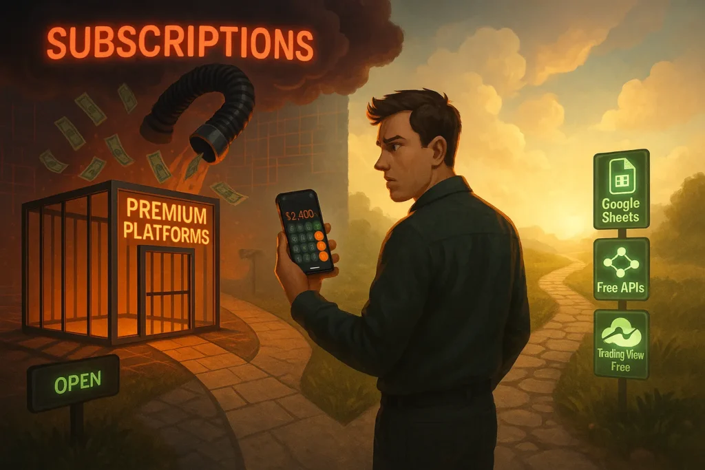 Trader choosing between expensive subscription trading platforms versus free tools path with Google Sheets and TradingView showing cost comparison