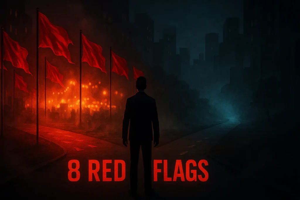 Trader at crossroads between scam warning flags and legitimate mentor path representing trading education fraud detection