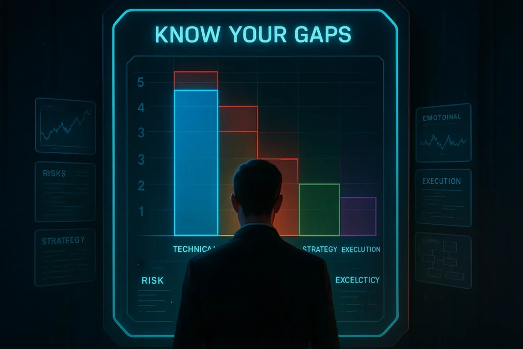 Trader viewing holographic skill assessment mirror showing gap analysis in technical analysis, risk management, psychology, strategy, execution