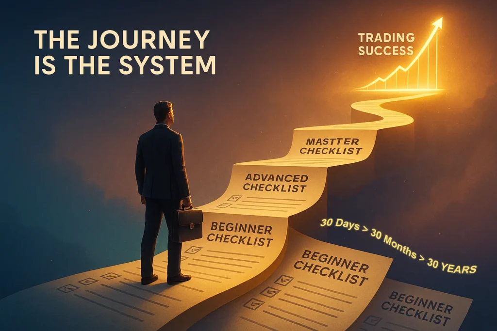 Trader climbing upward on stairs made of trading checklists representing progressive skill development and compounding trading success
