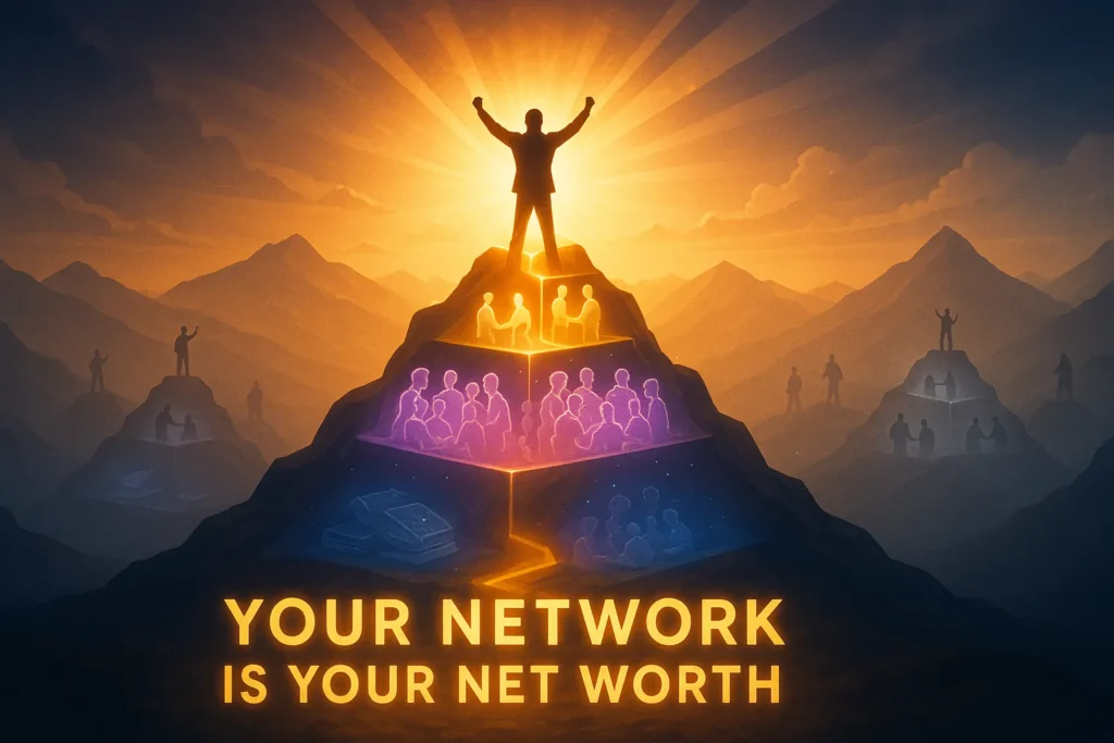 Successful trader at mountain summit representing journey of building trading network through education, community, mentorship, and professional connections