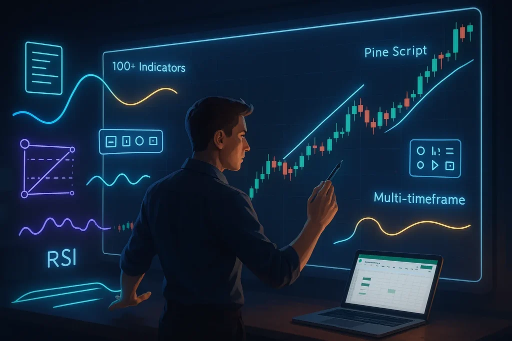 Professional trader using TradingView charting tools including technical indicators candlestick patterns and drawing tools for market analysis