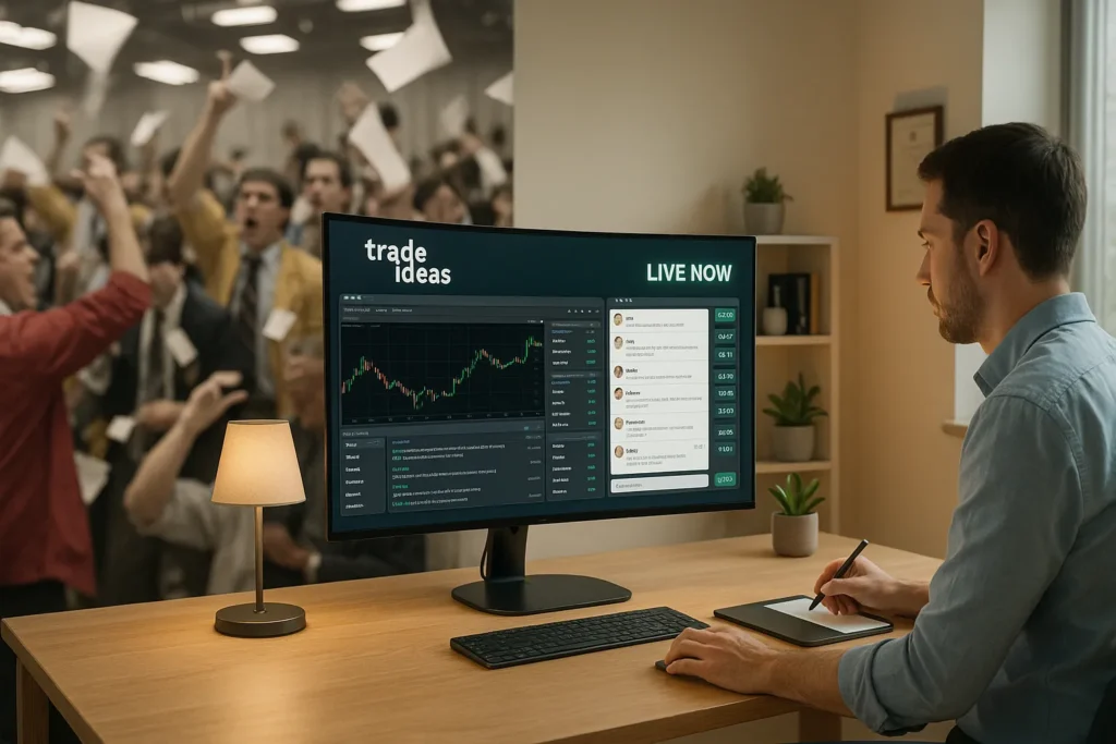 Evolution from chaotic 1980s trading floor to modern organized Trade Ideas virtual trading room accessible from home office with live demonstrations