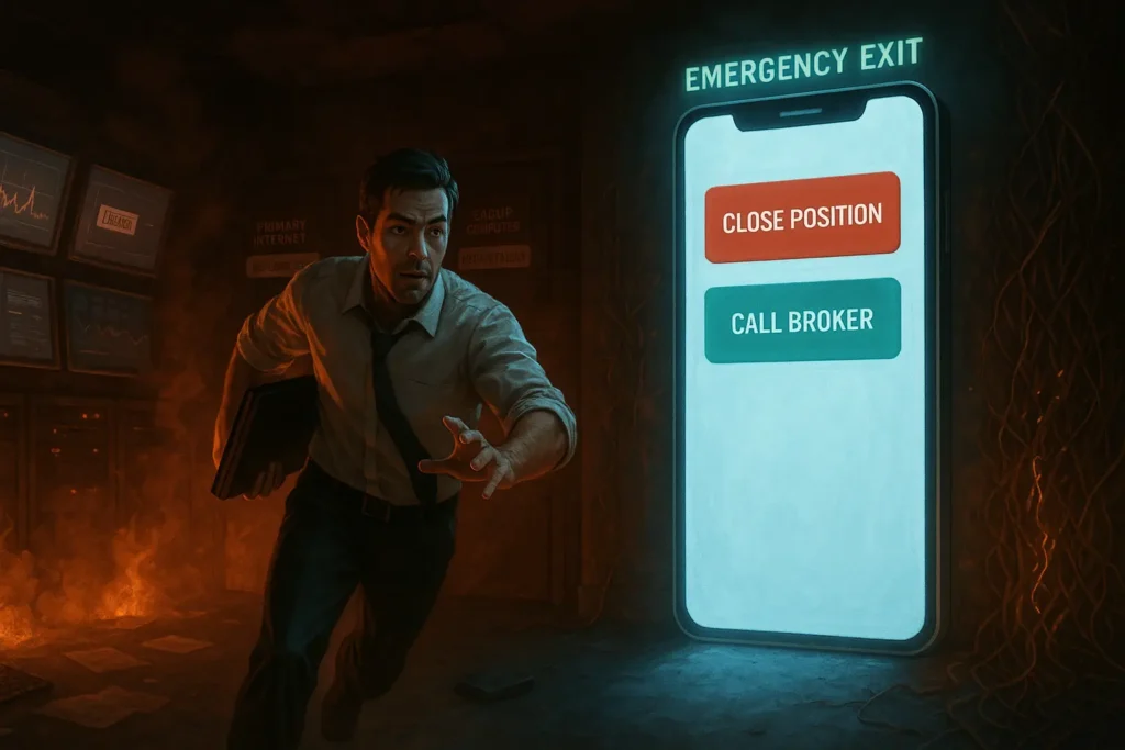 Illustration showing trader escaping system failure through smartphone-shaped emergency exit door representing mobile trading as final backup option