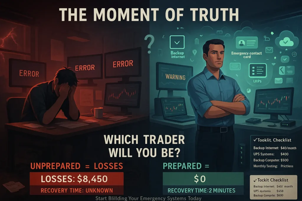 Side-by-side comparison illustration showing unprepared trader defeated by technology failure versus prepared trader confidently using backup systems