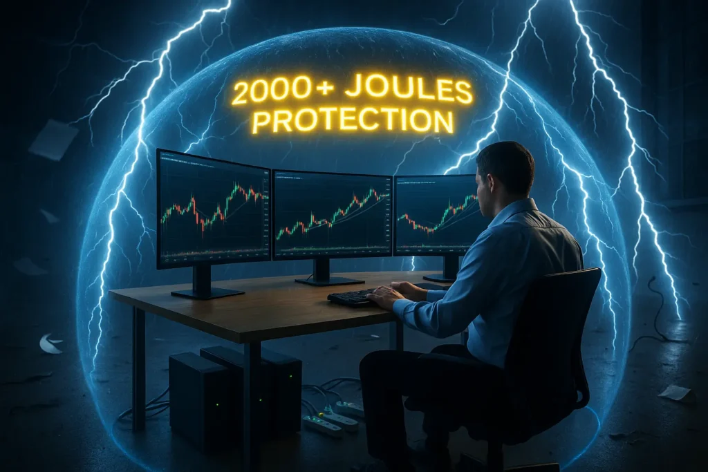 Dramatic photo of trading desk protected by UPS and surge protectors visualized as force field deflecting lightning strikes during electrical storm