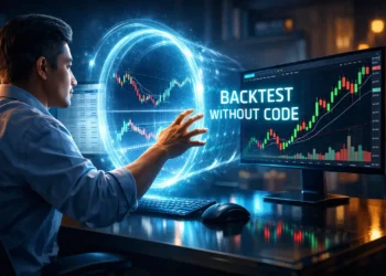 Professional trader backtesting trading strategies without coding using modern no-code platforms and historical chart analysis on dual monitors