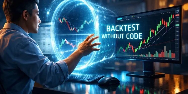 Professional trader backtesting trading strategies without coding using modern no-code platforms and historical chart analysis on dual monitors