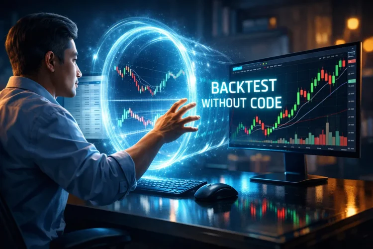 Professional trader backtesting trading strategies without coding using modern no-code platforms and historical chart analysis on dual monitors