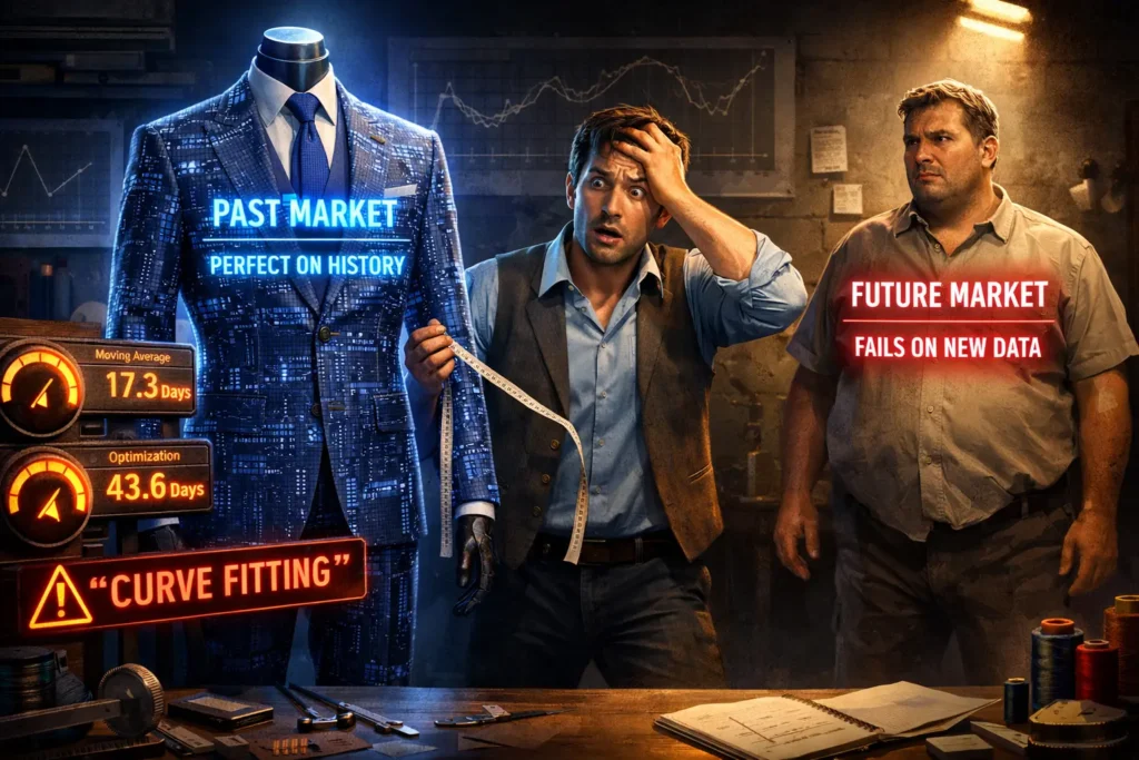 Visual metaphor showing trader discovering curve-fitting danger by perfectly optimizing strategy to past data that fails on future markets