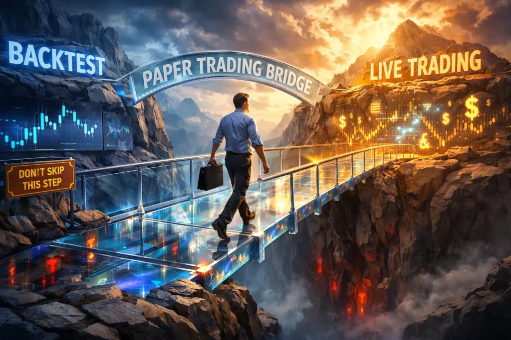 Trader crossing paper trading bridge from historical backtesting cliff to live trading future, representing forward testing process