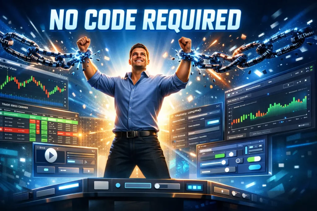 Trader breaking free from programming code chains using powerful no-code backtesting platforms and visual strategy builders
