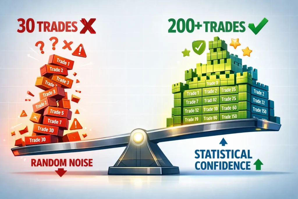 Infographic comparing small 30-trade sample size versus large 200-trade sample for statistical significance in trading strategy backtesting