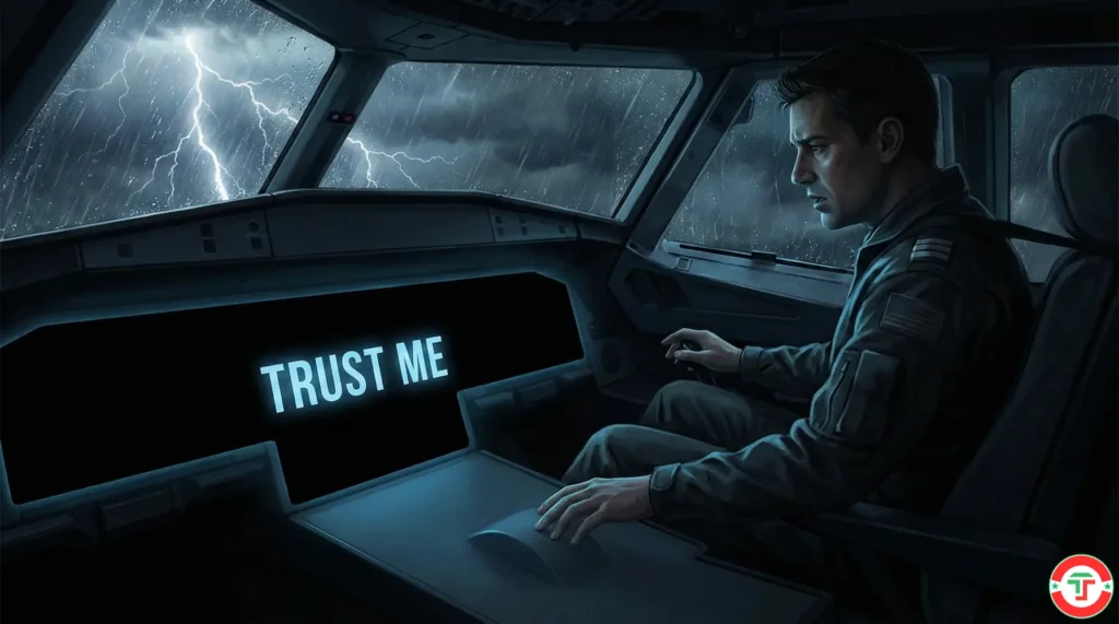 A pilot in a cockpit with instruments replaced by a black screen reading TRUST ME while storms approach, symbolizing AI black box risk