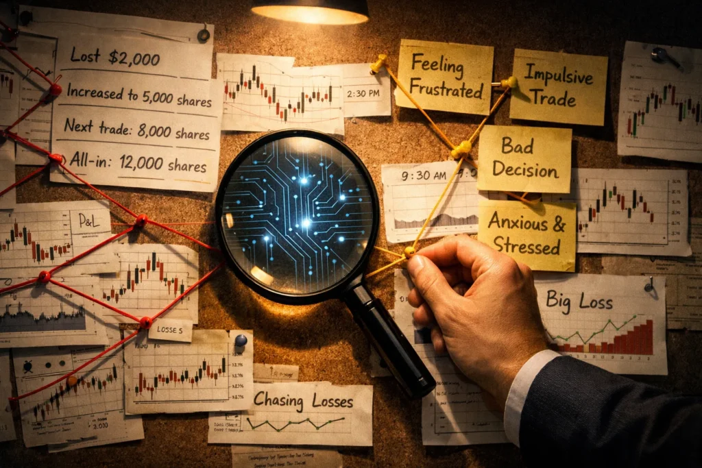 A detective-style investigation board connects trading journal entries with colored strings, revealing hidden patterns of cognitive biases like revenge trading.