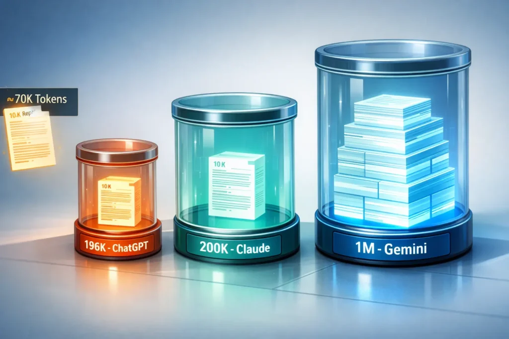 Three containers of different sizes representing ChatGPT, Gemini, and Claude context windows with financial documents being loaded