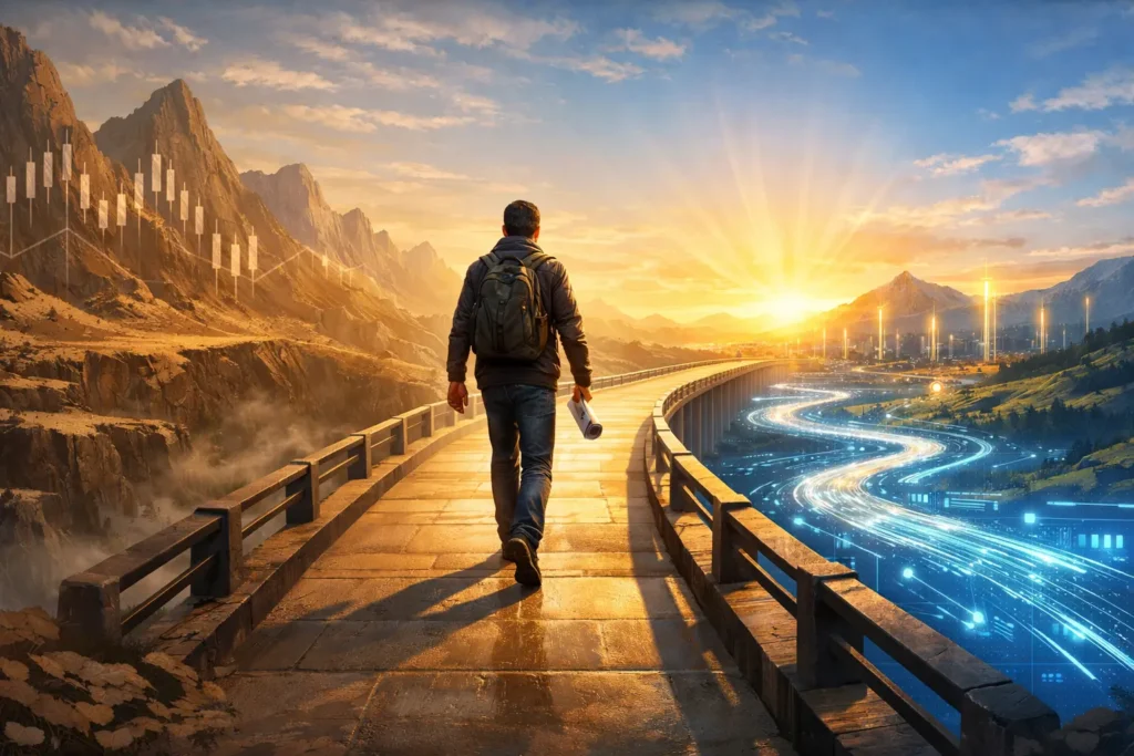 Trader walking confident path bridging traditional trading skills to AI-enhanced landscape at dawn, representing balanced practical AI trading approach
