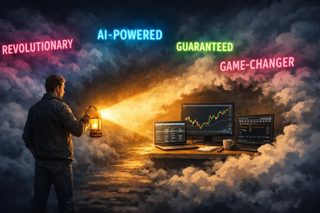 Day trader cutting through fog of AI marketing hype with lantern of clarity, revealing genuine trading tools beneath flashy buzzwords