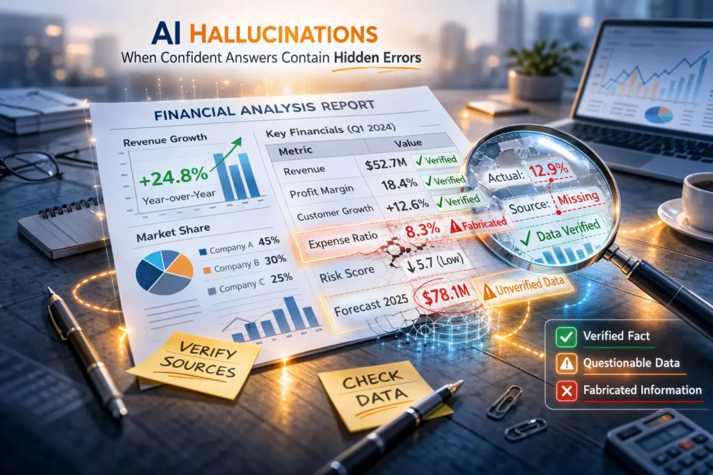 Financial document with some data points appearing hollow or glitching, with verification lens revealing which facts are solid versus fabricated